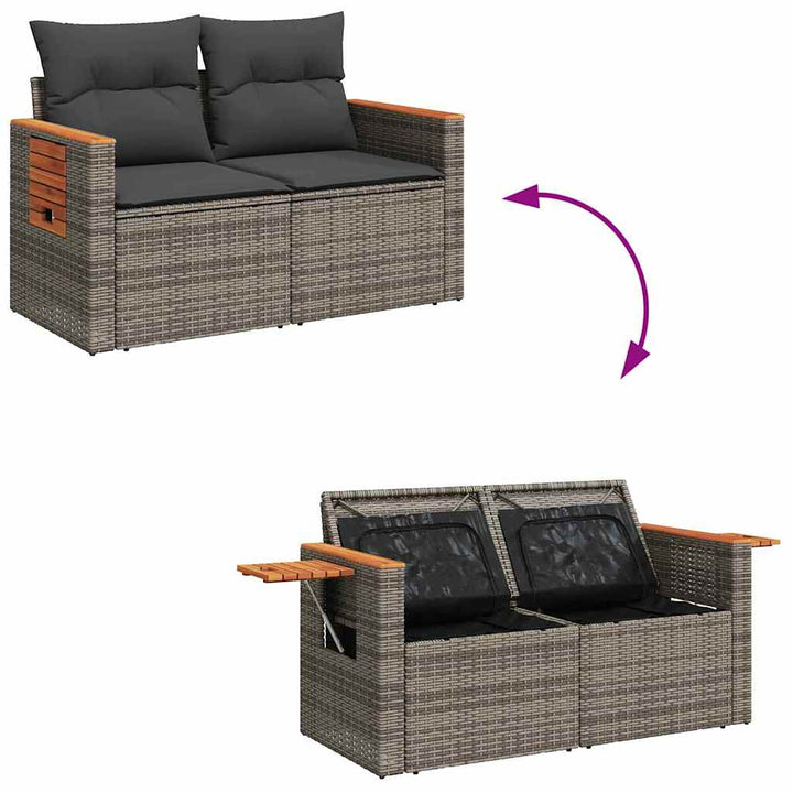Havesofa Sæt med pude med opbevaring 9 pcs Grå Poly rattan