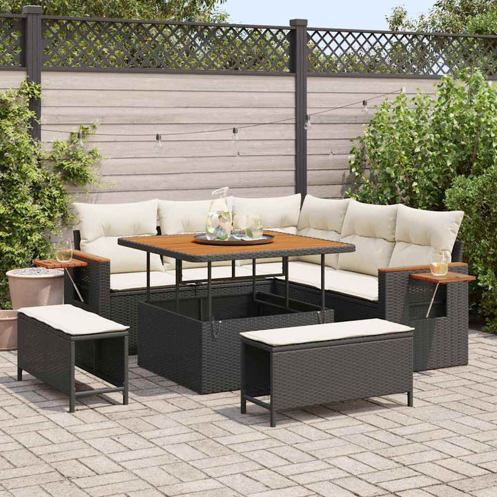 Havesofa Sæt med pude med opbevaring 8 pcs Sort Poly rattan