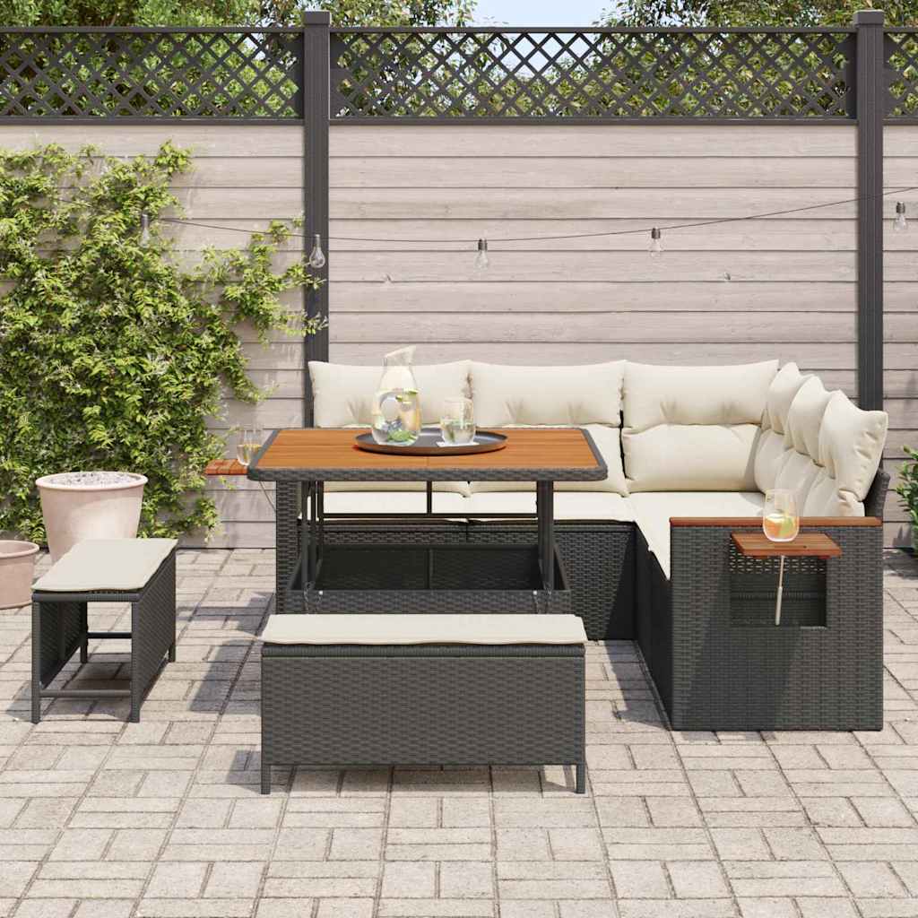 Havesofa Sæt med pude med opbevaring 8 pcs Sort Poly rattan
