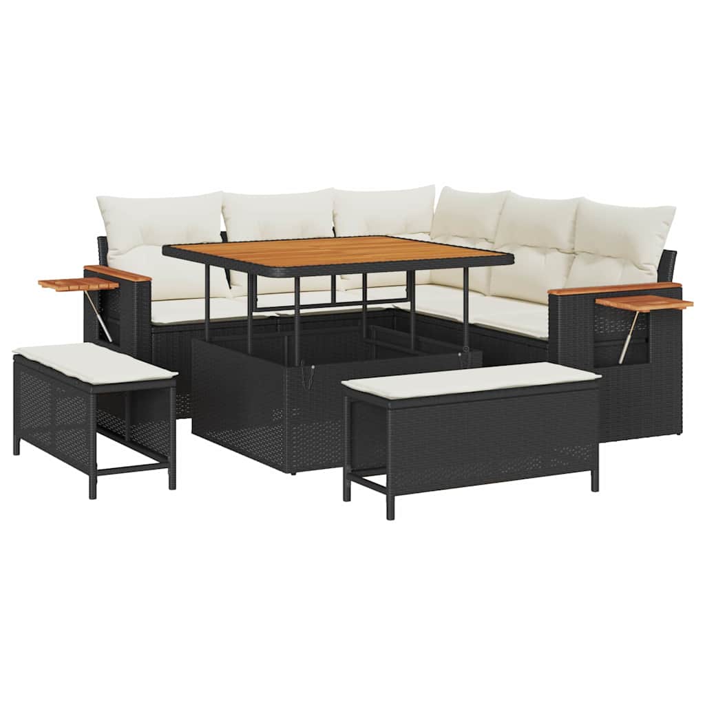 Havesofa Sæt med pude med opbevaring 8 pcs Sort Poly rattan