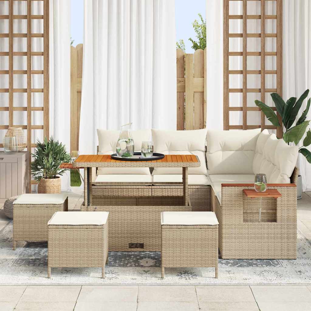 Havesofa Sæt med pude med opbevaring 9 pcs Beige Poly rattan