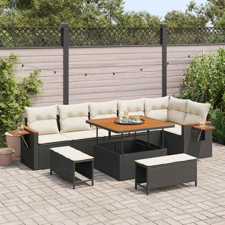 Havesofa Sæt med pude med opbevaring 9 pcs Sort Poly rattan