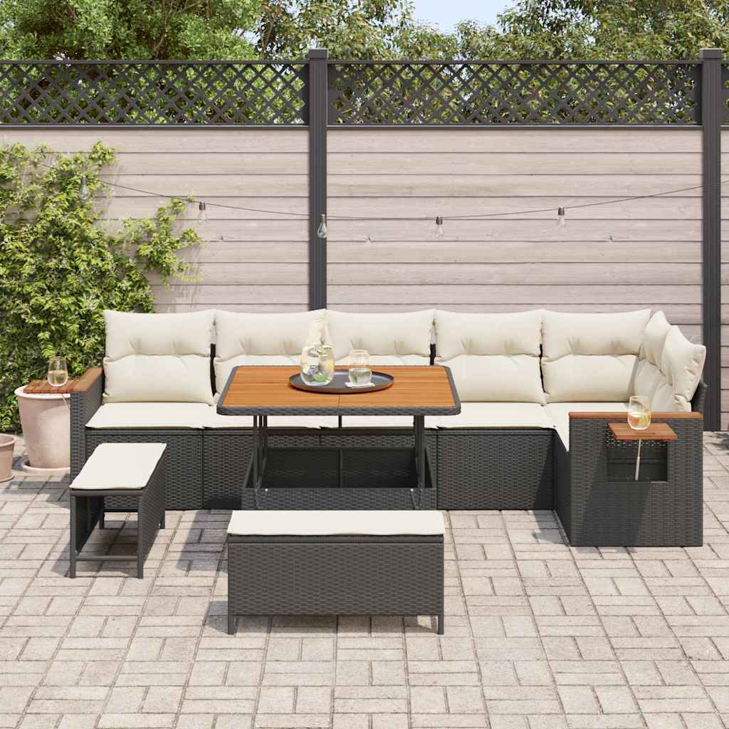 Havesofa Sæt med pude med opbevaring 9 pcs Sort Poly rattan