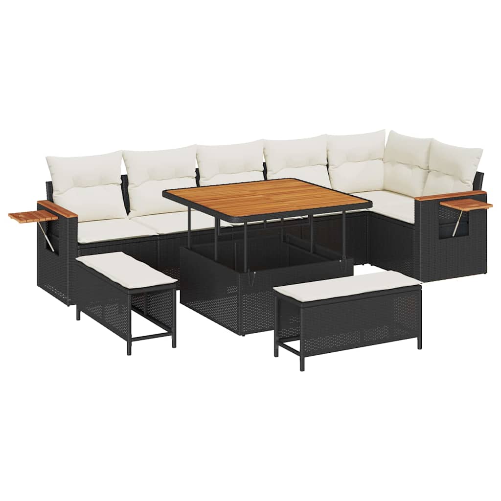 Havesofa Sæt med pude med opbevaring 9 pcs Sort Poly rattan