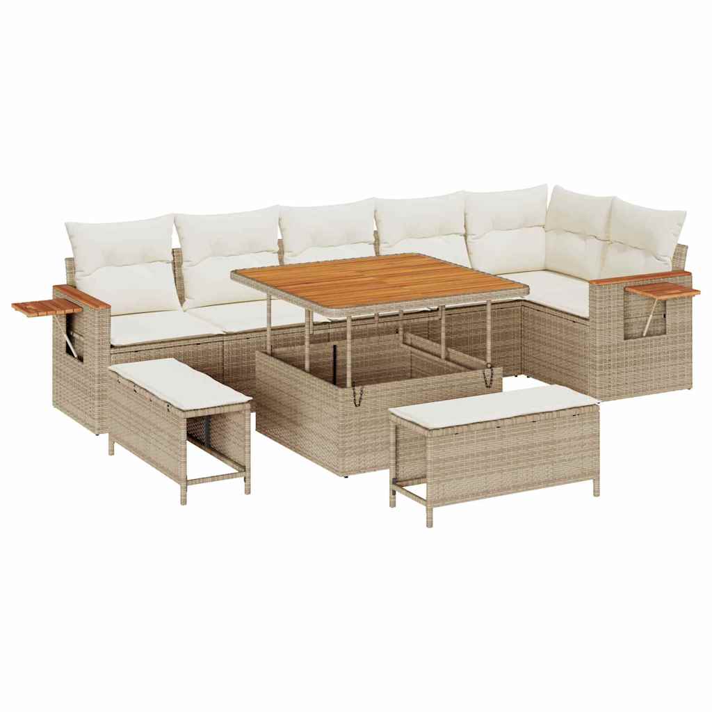 Havesofa Sæt med pude med opbevaring 9 pcs Beige Poly rattan