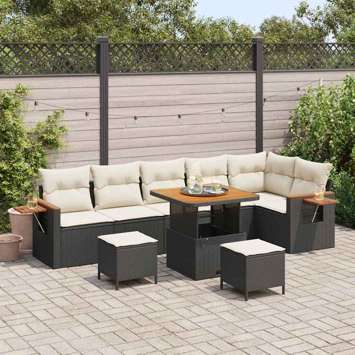 Havesofa Sæt med pude med opbevaring 9 pcs Sort Poly rattan