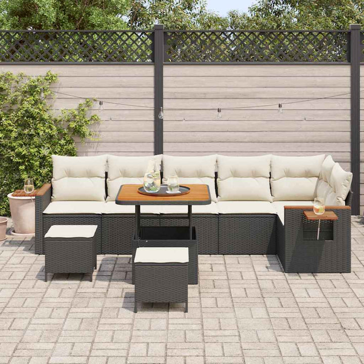 Havesofa Sæt med pude med opbevaring 9 pcs Sort Poly rattan