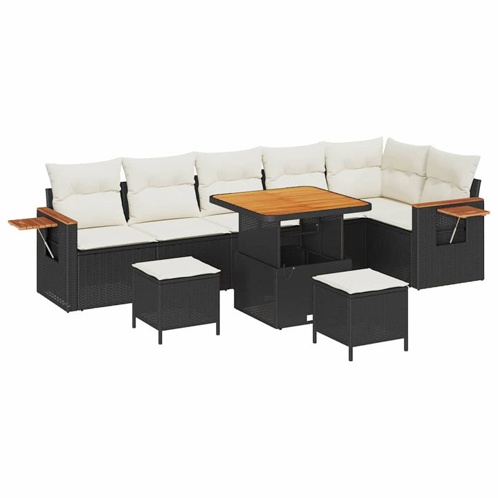 Havesofa Sæt med pude med opbevaring 9 pcs Sort Poly rattan