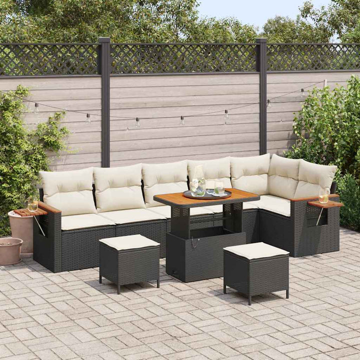Havesofa Sæt med pude med opbevaring 9 pcs Sort Poly rattan