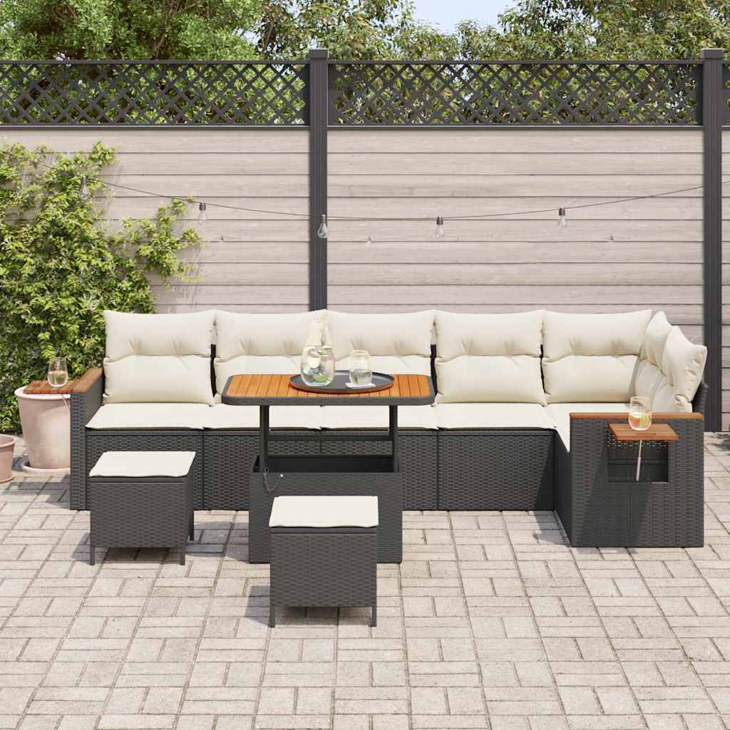 Havesofa Sæt med pude med opbevaring 9 pcs Sort Poly rattan