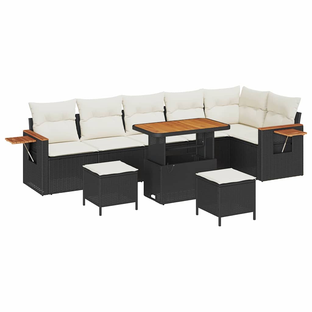 Havesofa Sæt med pude med opbevaring 9 pcs Sort Poly rattan