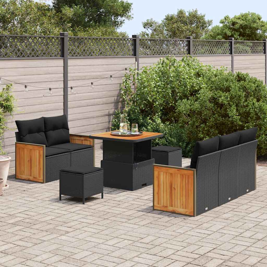 Havesofa Sæt med pude med opbevaring 8 pcs Sort Poly rattan