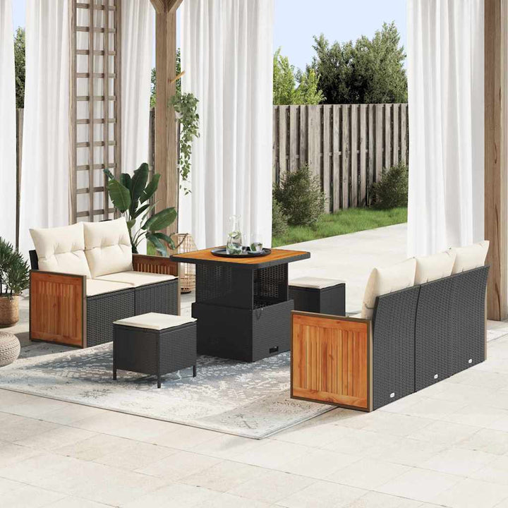 Havesofa Sæt med pude med opbevaring 8 pcs Sort Poly rattan