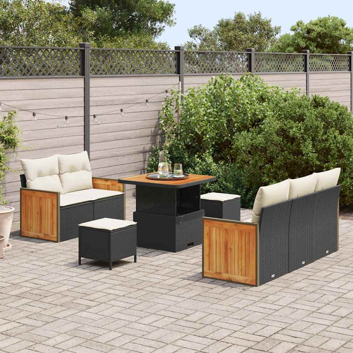 Havesofa Sæt med pude med opbevaring 8 pcs Sort Poly rattan