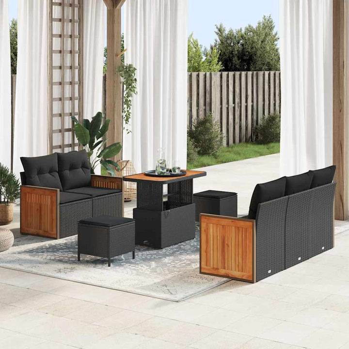 Havesofa Sæt med pude med opbevaring 8 pcs Sort Poly rattan