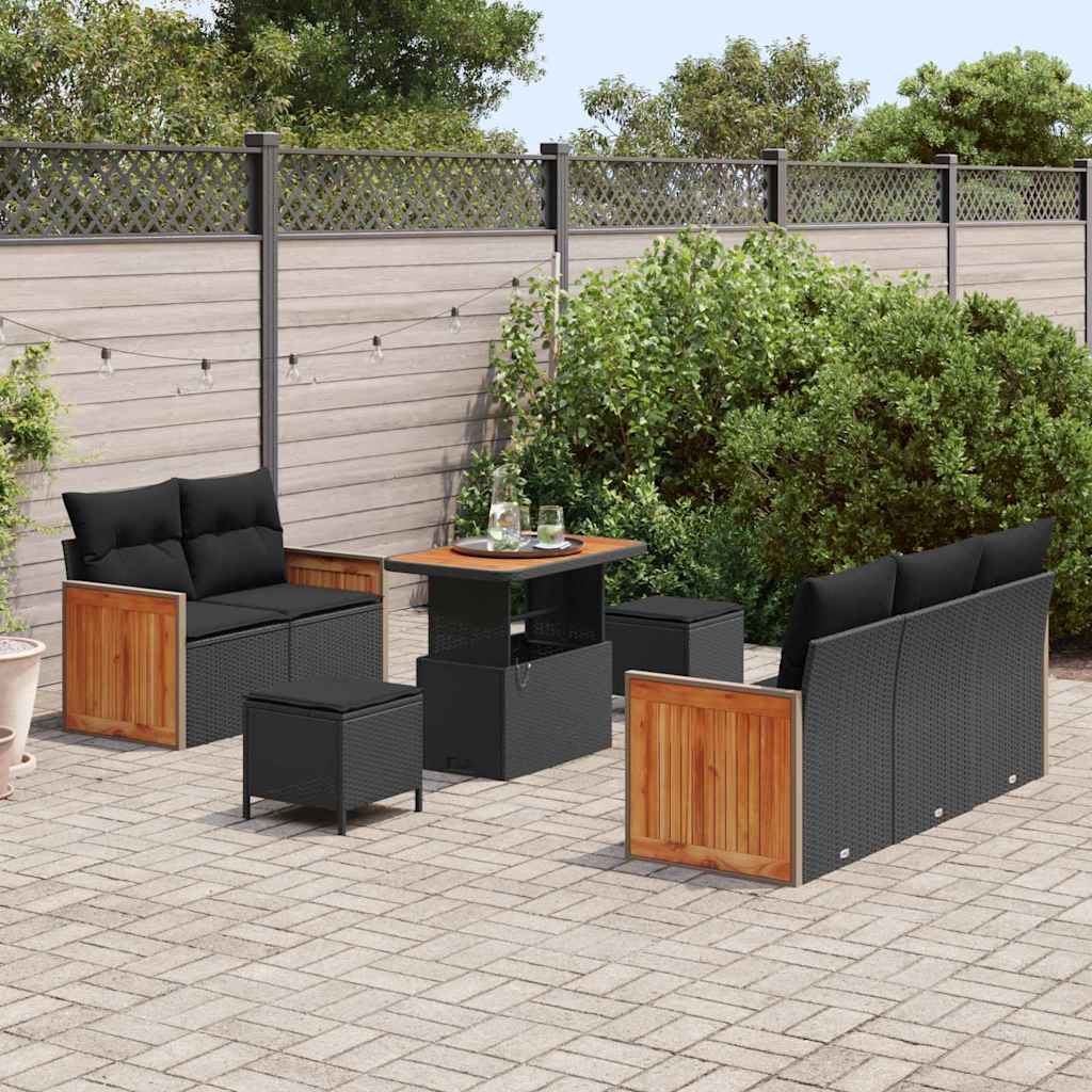 Havesofa Sæt med pude med opbevaring 8 pcs Sort Poly rattan