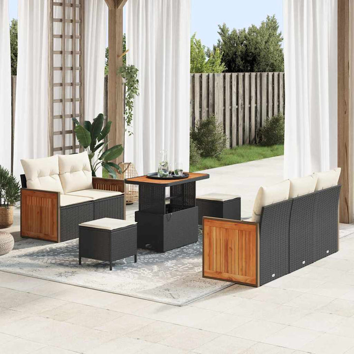 Havesofa Sæt med pude med opbevaring 8 pcs Sort Poly rattan