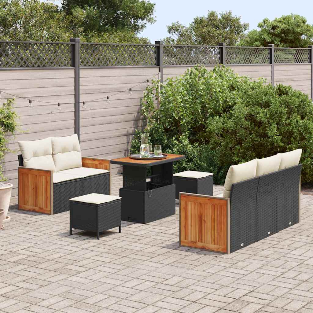 Havesofa Sæt med pude med opbevaring 8 pcs Sort Poly rattan