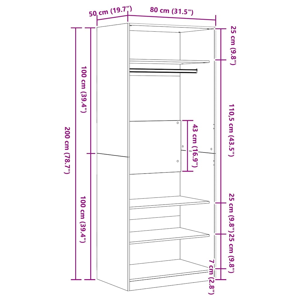 Garderobeskab Sort Eg 80 x 50 x 200 cm Konstrueret træ