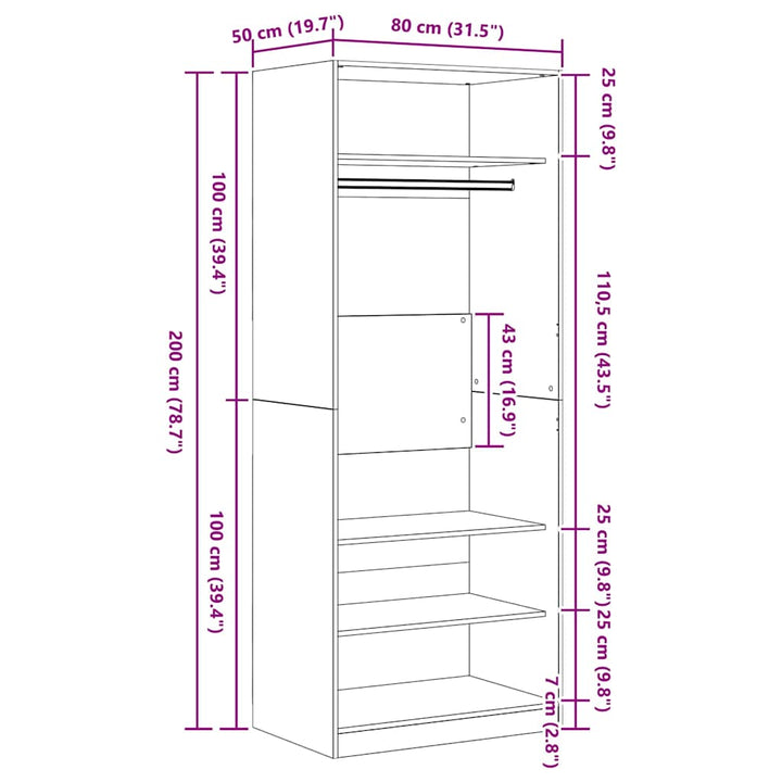 Garderobeskab Sort Eg 80 x 50 x 200 cm Konstrueret træ