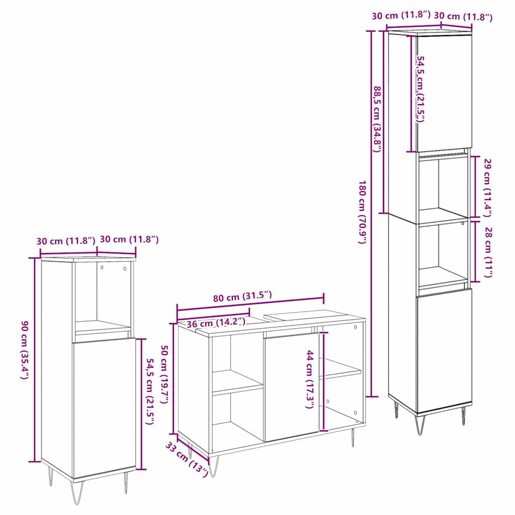 Badeværelsesmøbel Sæt med dør 3 pcs Sort eg 30 x 30 x 180 cm