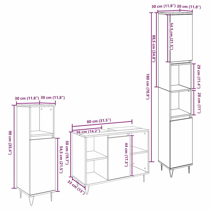 Badeværelsesmøbel Sæt med dør 3 pcs Sort eg 30 x 30 x 180 cm