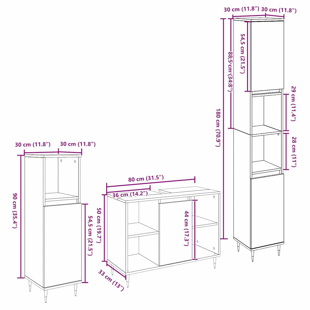 Møbel Sæt til Badeværelse Andet 3 pcs Sort eg 30 x 30 x 180 cm