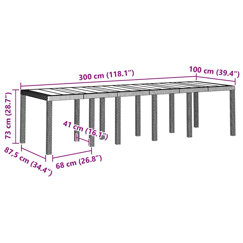 Havemøbel Bord Lysegrå 300 x 100 x 73 cm polyrattan
