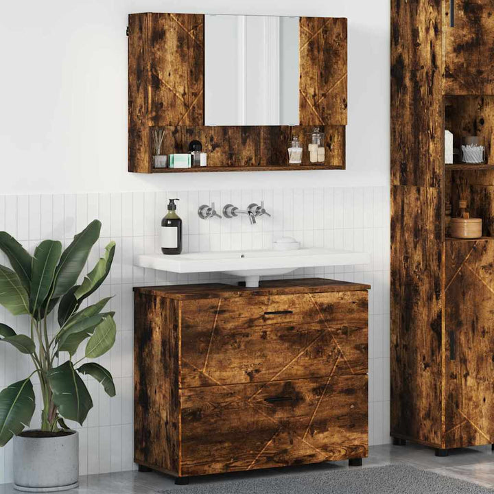 Badeværelsesmøbel sæt med dør 2 pcs Røget eg 76,5 x 35 x 64 cm