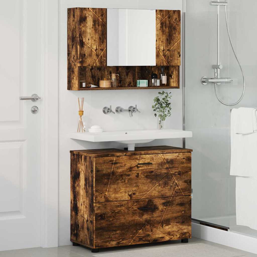 Badeværelsesmøbel sæt med dør 2 pcs Røget eg 76,5 x 35 x 64 cm