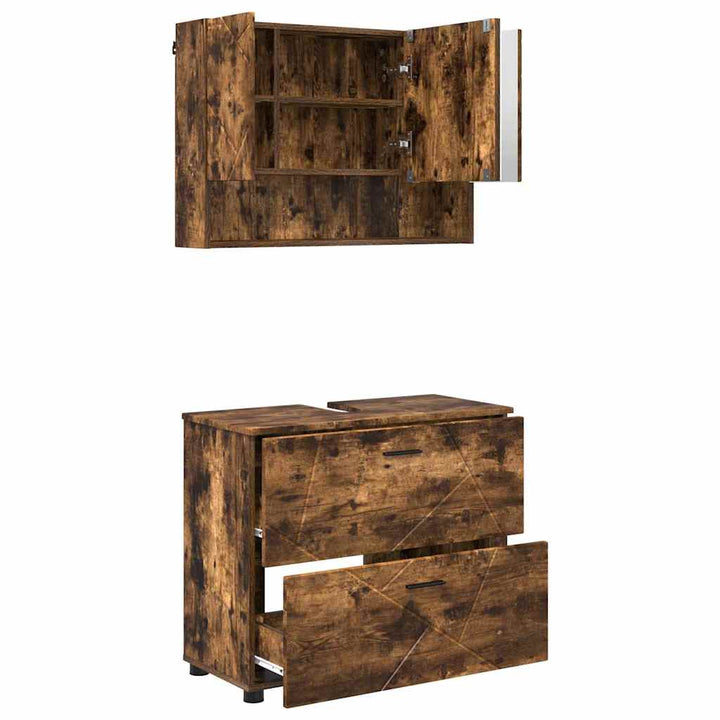 Badeværelsesmøbel sæt med dør 2 pcs Røget eg 76,5 x 35 x 64 cm