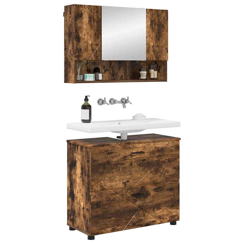 Badeværelsesmøbel sæt med dør 2 pcs Røget eg 76,5 x 35 x 64 cm