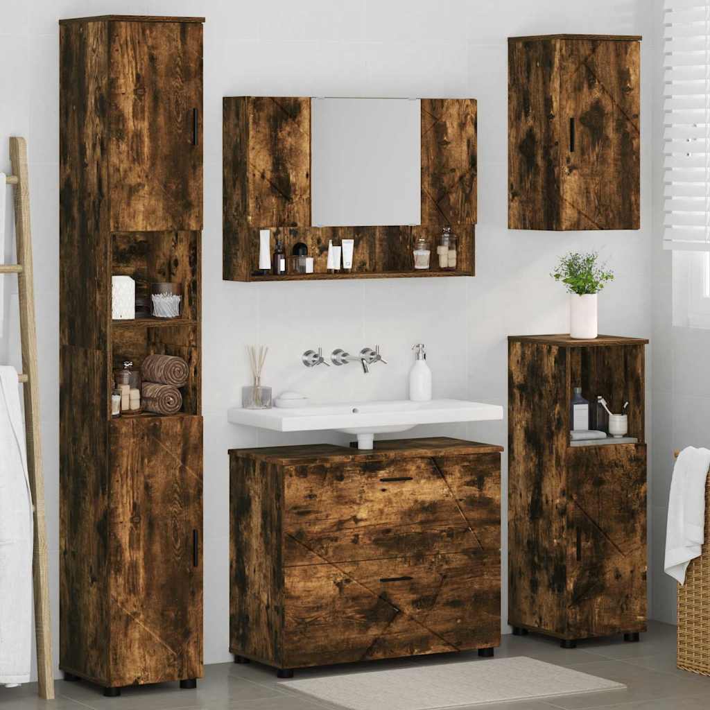 Badeværelsesmøbel sæt med hylde 5 pcs Røget eg 30 x 35 x 192 cm