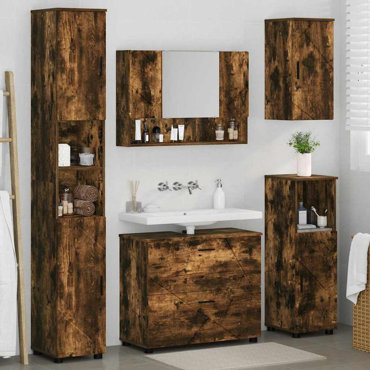 Badeværelsesmøbel sæt med hylde 5 pcs Røget eg 30 x 35 x 192 cm