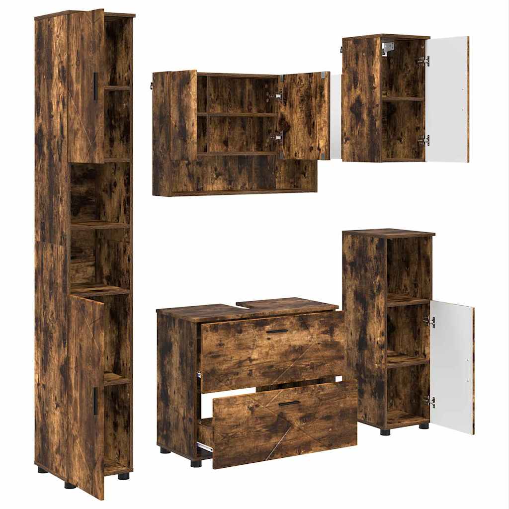 Badeværelsesmøbel sæt med hylde 5 pcs Røget eg 30 x 35 x 192 cm