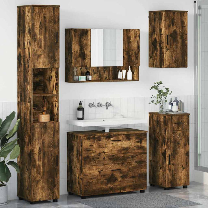 Badeværelsesmøbel sæt med hylde 5 pcs Røget eg 30 x 35 x 192 cm