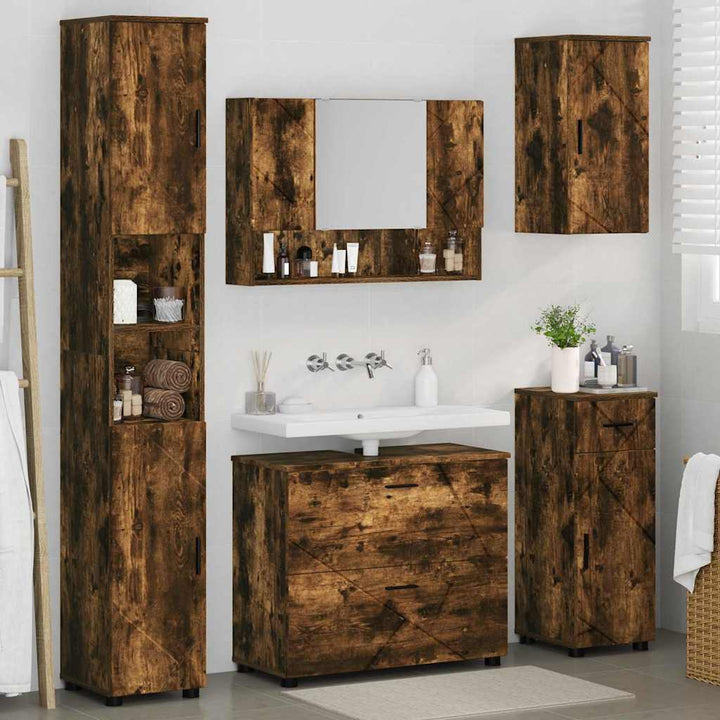 Badeværelsesmøbel sæt med hylde 5 pcs Røget eg 30 x 35 x 192 cm