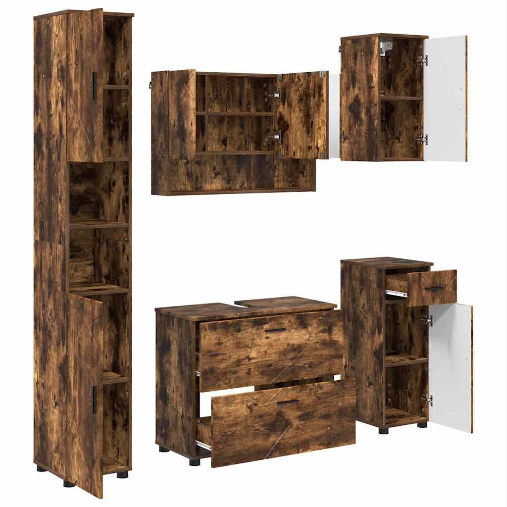 Badeværelsesmøbel sæt med hylde 5 pcs Røget eg 30 x 35 x 192 cm