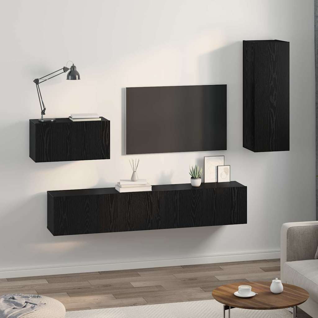 Væg TV Skab 4 pcs Sort eg 200 x 30 x 30 cm Ingeniørtræ