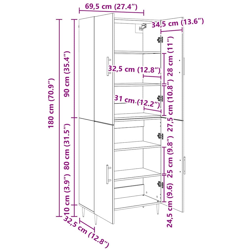 Highboard Sort eg 69,5 x 34 x 180 cm Konstrueret træ
