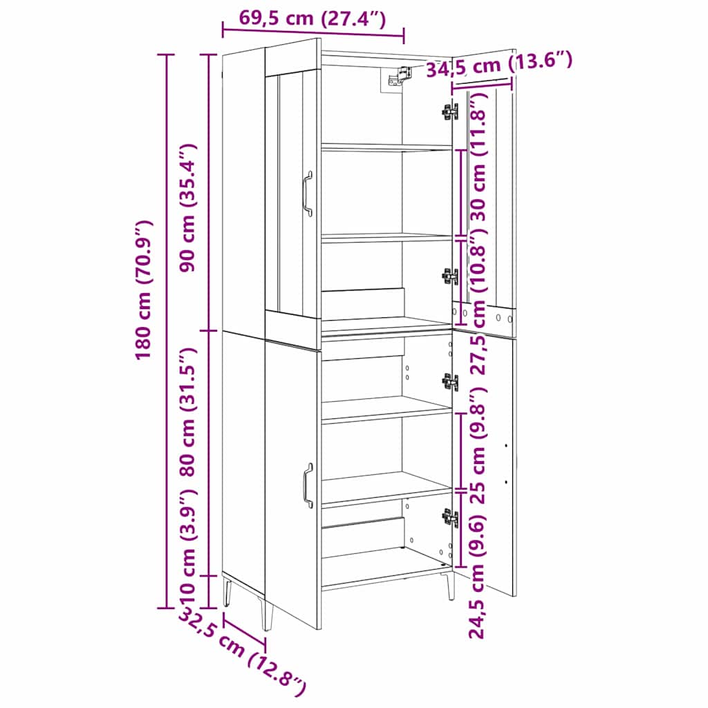 Highboard 2 pcs Gammelt træ 69,5 x 34 x 180 cm Konstrueret træ