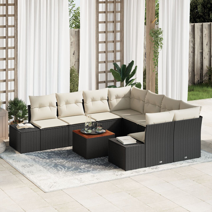 Havesofa Sæt 9 dele Sort og creme Poly rattan og polyester puder