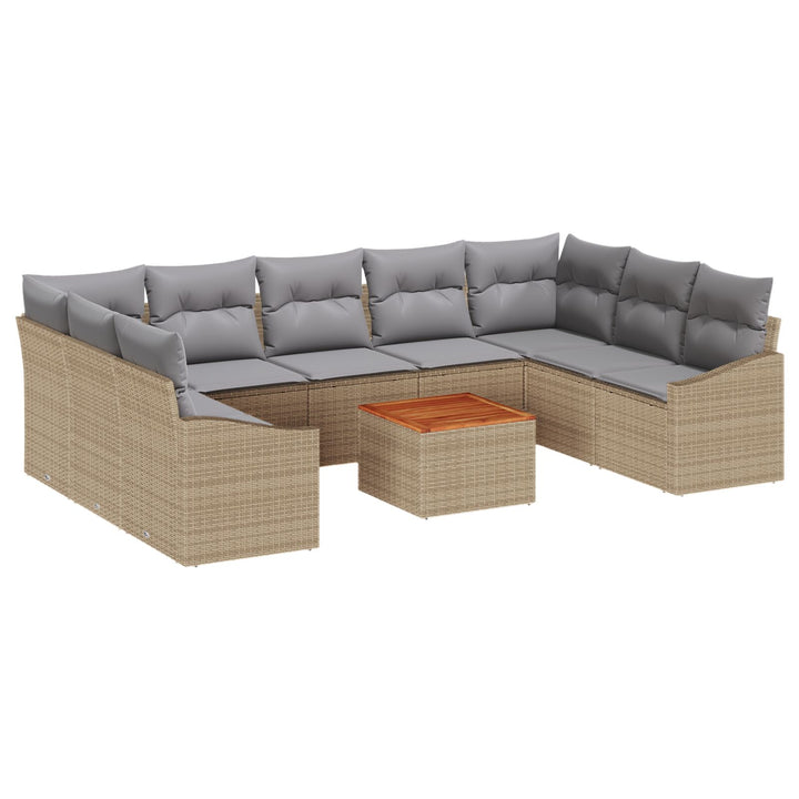 10 Deles Havesofa Sæt med Puder Beige Poly Rattan Akacietræ