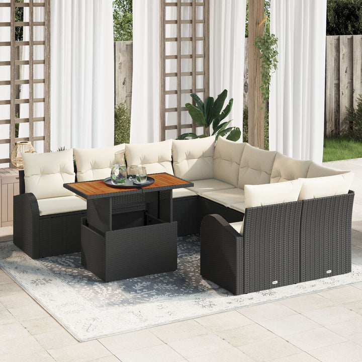 9-delte Have Spisestel med Puder Sort Poly Rattan Akacia