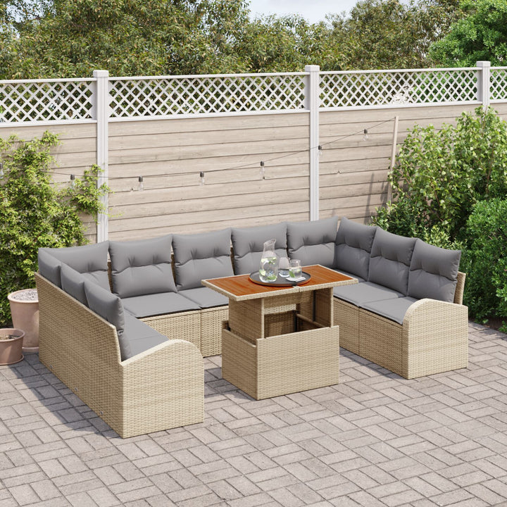 10 Delers Have Spisebord Sæt med Puder Beige Poly Rattan Akacia