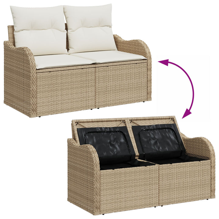 11 Stykke Have Sofa Sæt med Puder Beige Poly Rattan, vidaXL 2-Sæders Have Sofa med Opbevaring & Puder Beige Poly Rattan