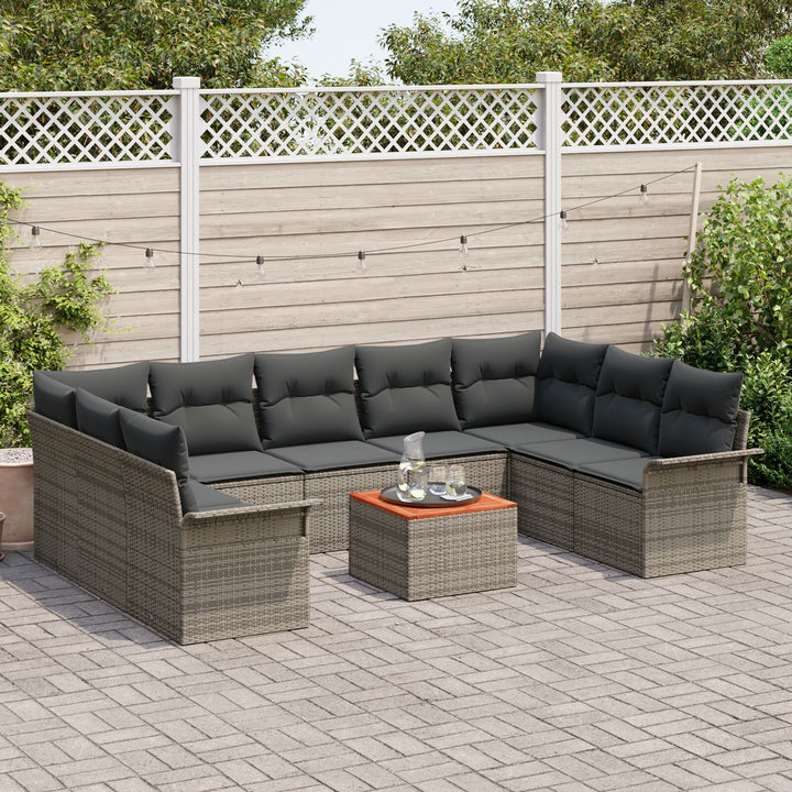 10 Stykker Have Sofa Sæt med Puder Grå Poly Rattan Acacia