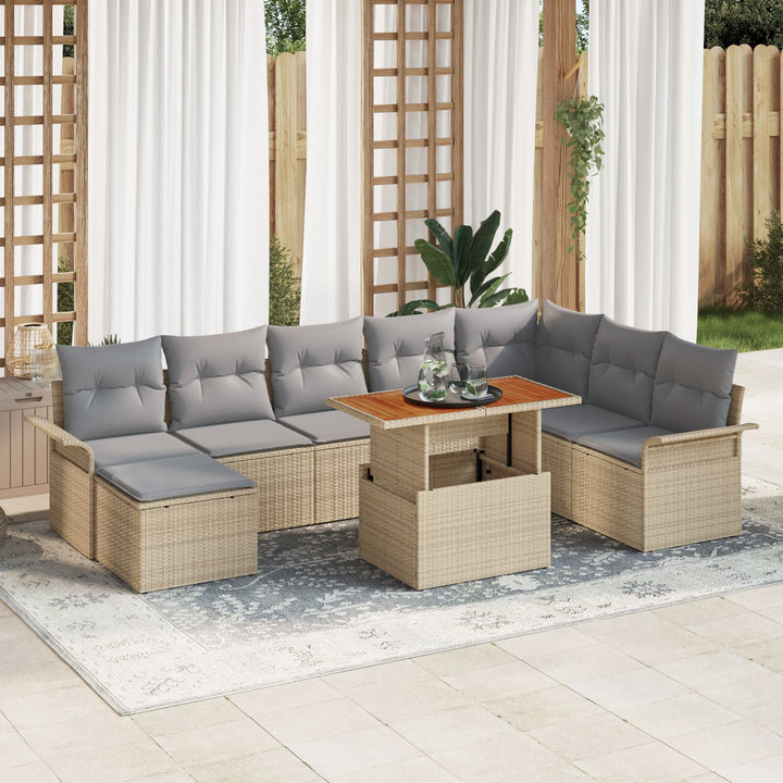 9-Personers Have Spisesæt med Puder Beige Poly Rattan Akacia