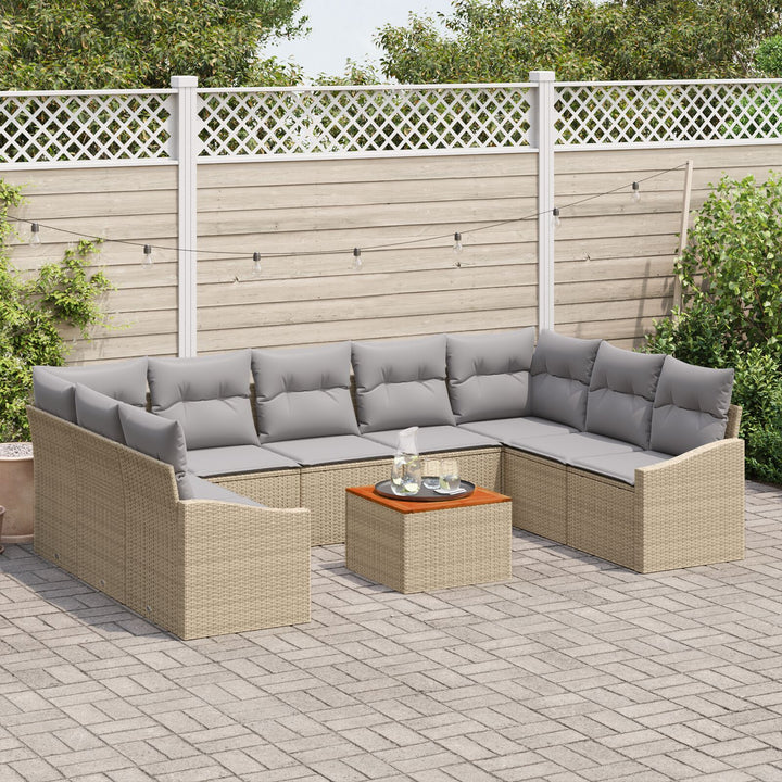 10 Deles Havesofa Sæt med Puder Beige Poly Rattan Akacietræ