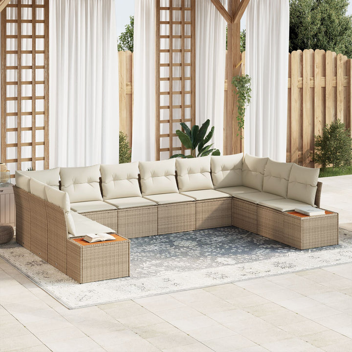 10 Stykke Have Sofa Sæt med Opbevaringspuder Beige Poly Rattan Akacia